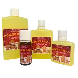 May include: Four yellow bottles of gingerbread fragrance oil. Each bottle has a label with the words "Merry Christmas" and "Ginger Bread Fragrance Oil" along with gingerbread man illustrations. The bottles vary in size.