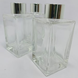 3 x Diffuser Bottles Clear Glass Reed Fragrance Containers - Square 100ml & Silver Lids