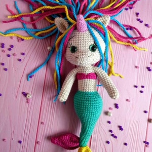 Crochet doll mermaid unicorn, Stuffed mermaid Plush unicorn mermaid toy, mermaid decor for girls room, Soft gift for a child