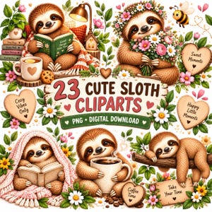 Puede incluir: Una colección digital de 23 ilustraciones de perezosos leyendo libros, sosteniendo flores y bebiendo café, rodeados de corazones, margaritas y hojas. El texto dice 23 CUTE SLOTH CLIPARTS, PNG DIGITAL DOWNLOAD y varias frases.