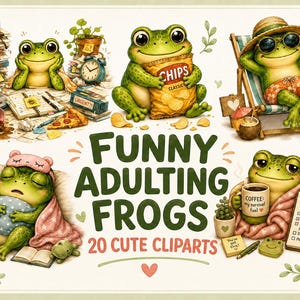 Paquete de imágenes prediseñadas de ranas divertidas / 20 ranas lindas en acuarela PNG / Imágenes prediseñadas de ranas kawaii / PNG transparente / Diseño de pegatinas / Sublimación / Comercial