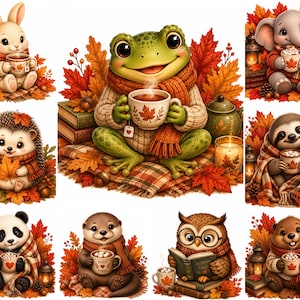 May include: A collection of illustrations featuring a rabbit, frog, elephant, hedgehog, sloth, panda, otter, owl, and beaver, each wearing a scarf and holding a mug or book amidst autumn leaves, pumpkins, lanterns, and stacks of books.