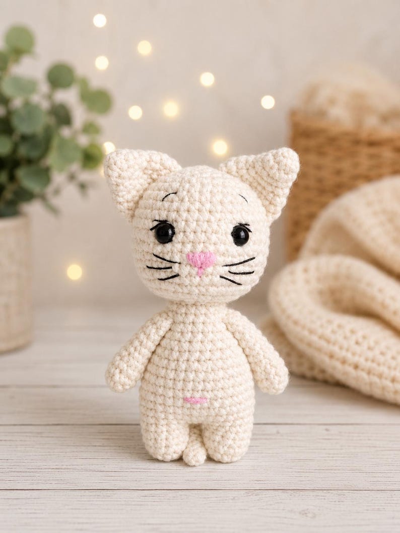 May include: A small, cream-colored crocheted cat figurine with a round head, pointed ears, and a compact body. It features black plastic safety eyes, embroidered black eyebrows and whiskers, a small pink stitched nose, and a tiny pink belly mark.