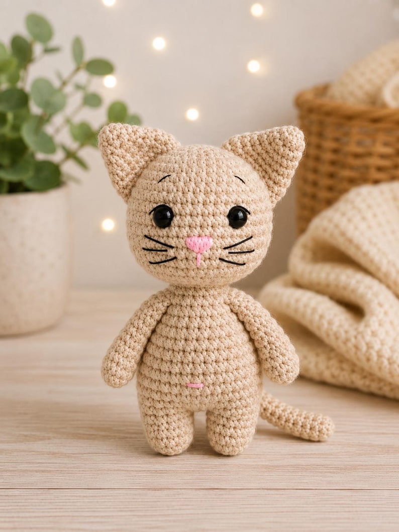 May include: A beige crochet cat doll featuring a round head with pointed ears, large black plastic eyes, a small pink embroidered nose, and stitched whiskers. The body is compact with short arms, two legs, and a small tail, all in a matching beige yarn.
