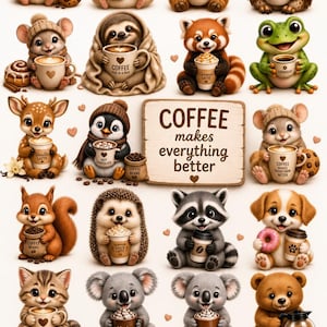 Paquete de imágenes prediseñadas de adorables animales amantes del café: 25 imágenes PNG de animales adorables relacionados con el café / Imágenes prediseñadas de café kawaii acogedoras / Uso comercial / Sublimación / Pegatina