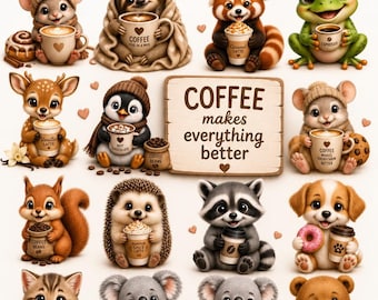 Cute Coffee Animal Friends Clipart Bundle – 25 Cute Coffee Animals PNG | Cozy Kawaii Coffee Clipart | Commercial Use | Sublimation | Sticker