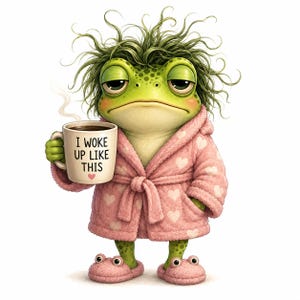 May include: A green frog with messy hair wearing a pink bathrobe with white hearts and matching slippers. The frog holds a beige mug with steam rising from it, featuring the text I WOKE UP LIKE THIS and a small pink heart printed on the front.