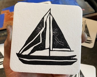 Sailboat Coasters / Letterpress Paper Coasters / Hand Carved Boat Decor / Lake House Decoration / Multiple Quantities Available / Boat Gift