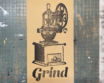 Coffee Vandercook Poster / Small Coffee Poster / Coffee Decor / Letterpress Block Printing / Coffee Grinder Print / Barista Gift
