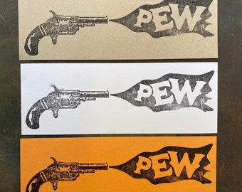 Handgun Vandercook Print / Letterpress Poster / Gun Print / Pew Pew / Block Printing / Handcarved Wall Art / Gun Art
