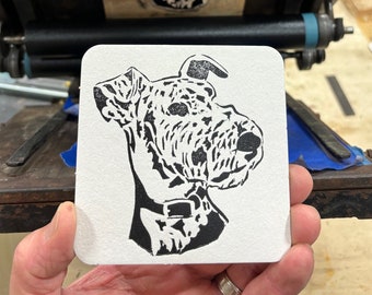 Airedale Terrier Coasters / Letterpress Paper Coasters / Dog Coasters / Multiple Quantities Available / Airedale Art / Hand Carved Coasters