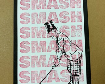 May include: A black and white illustration of a person in a top hat and suit holding a golf club. The background is white with the word "SMASH" repeated in pink.