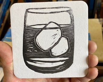 Highball Letterpress Coasters / Hand Carved Paper Coasters / Block Print / Whiskey Glass / Bourbon Decor / Stiff Drink / Home Bar Decor