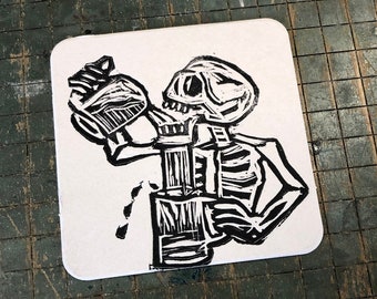 Skull Letterpress Coasters / Paper Coasters / Skull Decor / Drinking Skeleton / Hand Carved Block Print / Multiple Quantities Available