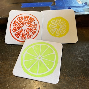 Citrus Pack Letterpress Coasters / Handmade Paper Coasters / Orange Lemon Lime Decor