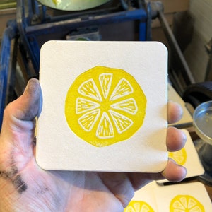 Lemon Letterpress Paper Coasters / Multiple Quantities / Lemon Decor / Hand Carved