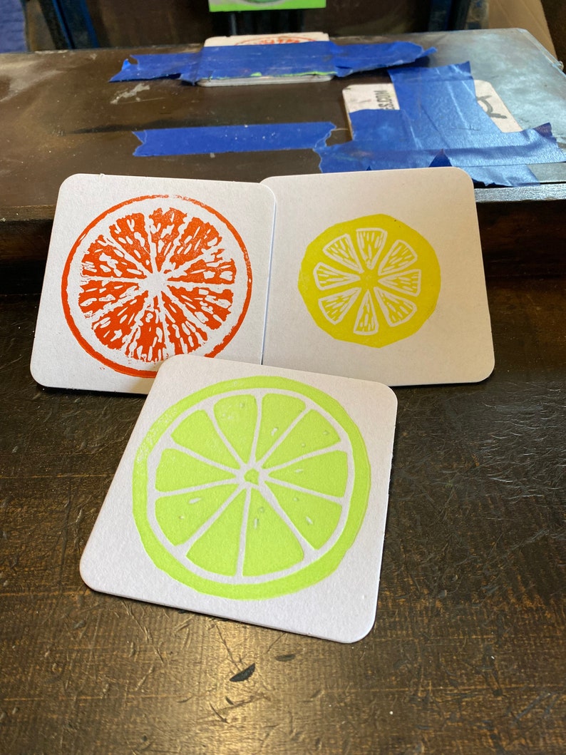 Citrus Pack Letterpress Coasters / Handmade Paper Coasters / Orange Lemon Lime Decor image 1