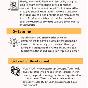 May include: A yellow and black infographic with three steps for teaching a lesson. The steps are Fact Finding, Ideation, and Product Development. Each step has a corresponding icon and a description.
