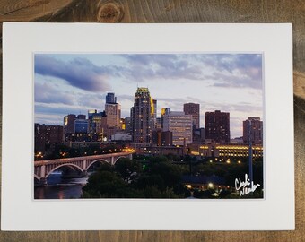 Evening Skyline - Minneapolis, Minnesota - 4X6 Photograph secured to a 5X7 Mat with backboard