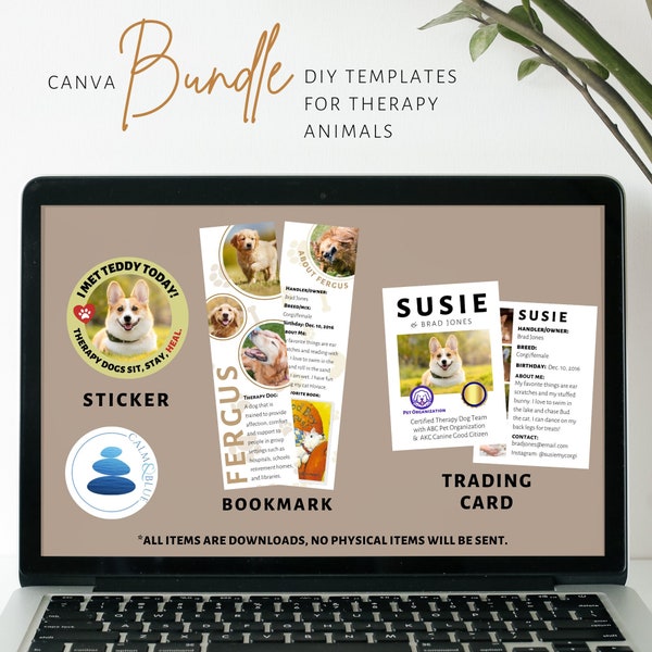 Therapy Dog Template Bundle, Trading Card, Bookmark and Sticker Templates, Canva Templates for Therapy Animal Visits, DIY