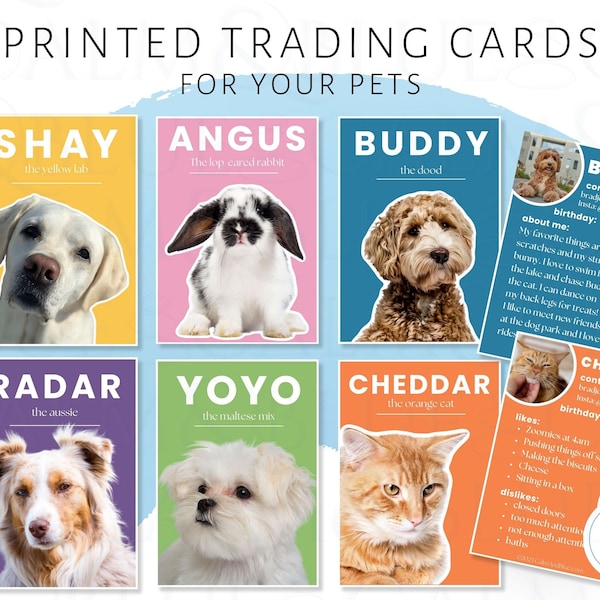 Pet Trading Cards, Colorful Custom Made Dog, Cat, Rabbit, Horse Personalized Printed Shipped to You, for dog park, visits, pet friends