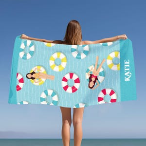 Custom Lake Towel, Floating Rings Personalized Beach Towel, Gift for Lake Lover, Host Gift, Pool Towel, Custom Name Towel, Kids&#39; Lake Towel