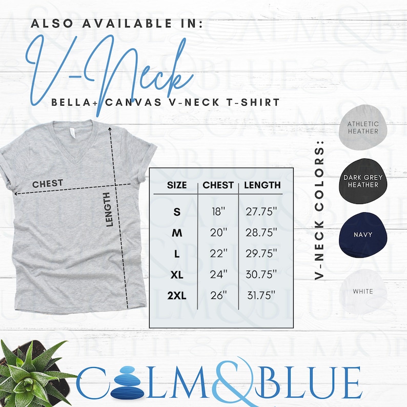May include: A gray Bella + Canvas V-neck t-shirt with size chart showing chest and length measurements in inches. The chart includes sizes S, M, L, XL, and 2XL. The image also shows the available colors: Athletic Heather, Dark Grey Heather, Navy, and White.