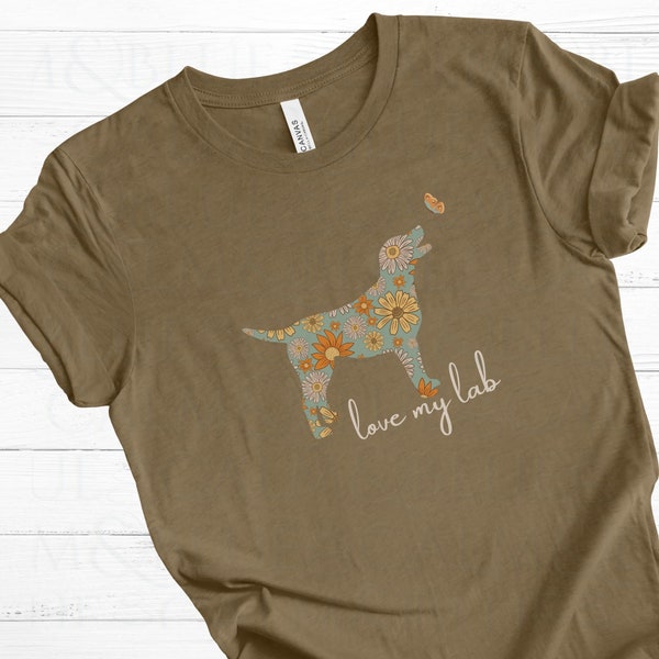 Love my lab cute floral t-shirt, trendy dog breed t-shirt, labrador retriever shirt, t-shirt for lab lover, lab mom gift, lab dog silhouette