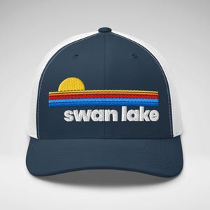 Custom Lake Hat, Sunset Stripe Design, Embroidered Snapback Trucker, Personalized Lake Name Gift, Cabin Lake Life Cap
