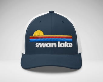 Custom Lake Hat, Sunset Stripe Design, Embroidered Snapback Trucker, Personalized Lake Name Gift, Cabin Lake Life Cap