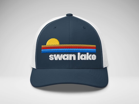 Custom Lake Hat, Sunset Stripe Design, Embroidered Snapback Trucker, Personalized Lake Name Gift, Cabin Lake Life Cap