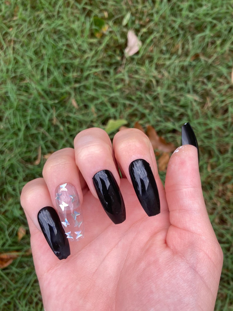 Black and clear butterfly glue on nails | Etsy