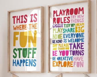 Playroom Prints, Playroom Rules, Rainbow Wall Art, Playroom Sign, This Is Where The Fun Stuff Happens, Toddler Bedroom,  Boys Bedroom