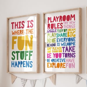 Set of 2 Playroom Prints, Playroom Rules, Rainbow Wall Art, Playroom Sign, This Is Where The Fun Stuff Happens, Toddler,  Boys Bedroom