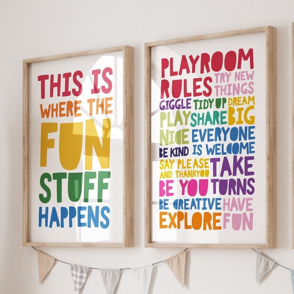Playroom Prints, Playroom Rules, Rainbow Wall Art, Playroom Sign, This Is Where The Fun Stuff Happens, Toddler Bedroom,  Boys Bedroom