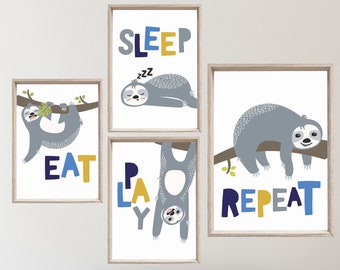 Set of 4 Sloth Prints, Sloth Nursery Decor, Animal Nursery Decor, Boys Nursery Prints, Nursery Decor, Baby Gift, Childrens Bedroom Print.