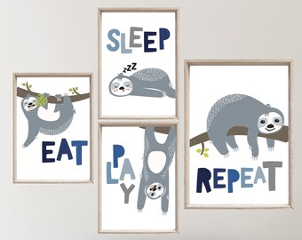 4 Sloth Nursery Prints, Sloth Nursery Decor, Animal Nursery Decor, Boys Nursery Prints, Nursery Decor, Children's Decor, Playroom Prints