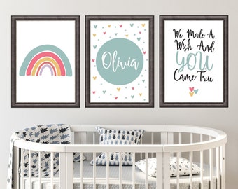 Set of 3 Girls Nursery Print, Rainbow Nursery Print, Personalised Baby Print, Girls Wall Print, Girls Bedroom Decor, Rainbow Nursery Print