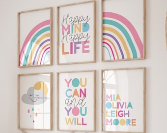 Juego de 6 impresiones de afirmación para niñas, impresiones de hermanas, decoración de dormitorio para niñas, impresiones motivacionales, arte de pared personalizado con arcoíris, decoración de sala de juegos para niñas