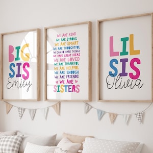 Set of 3 Sister Prints, Girls Bedroom Decor, Big Sis Lil Sis, Girls Nursery Prints, Affirmations, Siblings Wall Art, Playroom, Rainbow Print