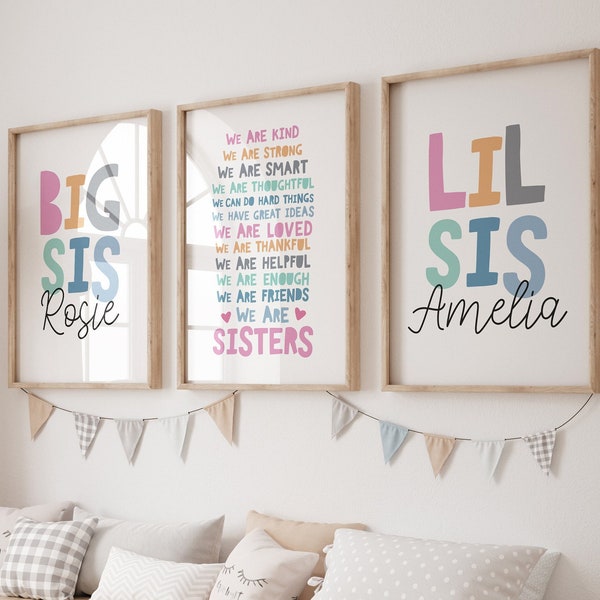 Big Sis Lil Sis Print Set, Girls Shared Bedroom, Affirmations For Kids, Big Sis Little Sis Posters, Siblings Wall Art, Sister Posters, Twins