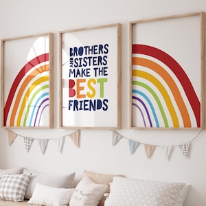 Set of 3 Rainbow Prints, Brother Sister Wall Art, Sibling Prints, Playroom, Shared Bedroom, Colourful, Brother Sisters Make Best Friends