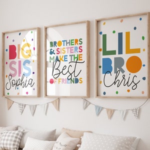Set of 3 Playroom Prints, Brother Sister Bedroom Prints, Sibling Prints, Rainbow Prints, Rainbow Wall Art, Colourful, Big Sis Lil Bro Prints