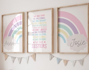 Set of 3 Sister Bedroom Prints, Sister Wall Art, Sister Prints, Pastel Rainbow, Rainbow Wall Art, Personalised, Girls Bedroom Prints