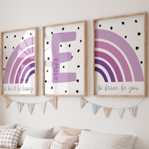 Juego de 3 impresiones para dormitorio de niñas, personalizadas, impresiones para guardería, sala de juegos, morado, arcoíris, arte de pared para niñas, dormitorio de niños pequeños, decoración de dormitorio de niñas