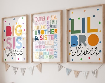 Set van 3 prints in de speelkamer, prints in slaapkamer van broer en zus, prints van broer of zus, regenboogprints, regenboogkunst aan de muur, kleurrijke speelkamer, decoratie kinderkamer