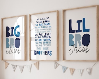 Lot de 3 impressions pour chambre de garçons, ensemble d'impressions Big Bro Lil Bro, chambre à coucher partagée, affirmations pour les garçons, affiches Big Bro Lil Bro, art mural frères et sœurs