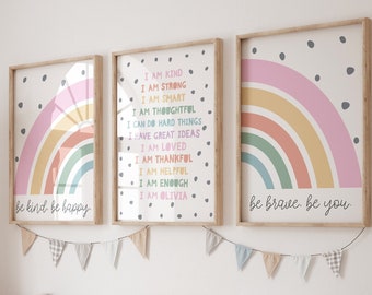 Set of 3 Girls Affirmation Print Set, Rainbow Prints, Girls Bedroom Decor, Positive Prints, Girls Nursery Decor, Playroom, Girls Wall Art