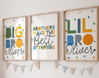 Lot de 3 gravures pour chambre de garçons, ensemble d'impressions Big Bro Lil Bro, chambre partagée, affiches Big Bro Lil Bro, art mural frères et sœurs, décoration de chambre de garçons