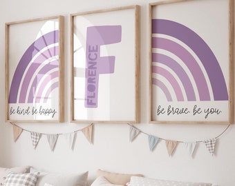 Set of 3 Rainbow Prints, Girls Bedroom Decor, Personalised, Purple, Girls Bedroom Prints, Playroom, Nursery Wall Art, Girls Nursery Wall Art